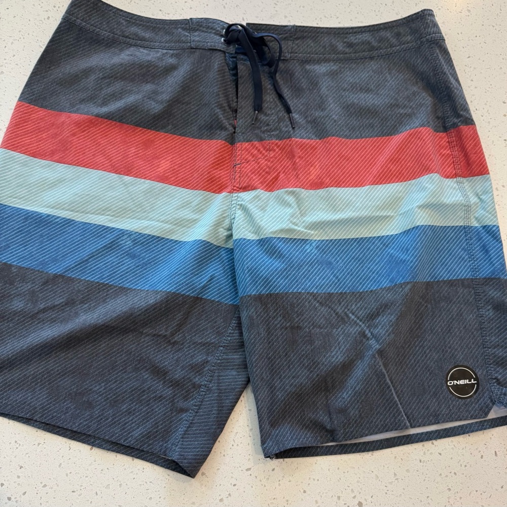 Oneill Freedom Mid Blue Red Gray Swim Trunks Beach Shorts 38 Beach Water Mens